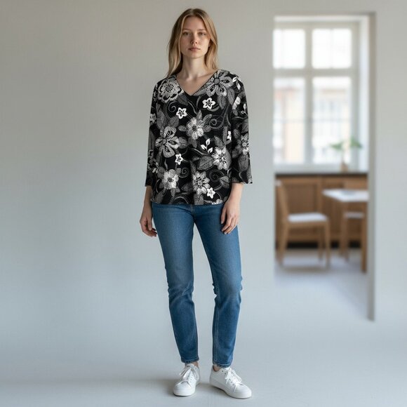 Alfred Dunner Black White Floral Size Large Pullover 3/4 Sleeves Top Shirt - Picture 2 of 8